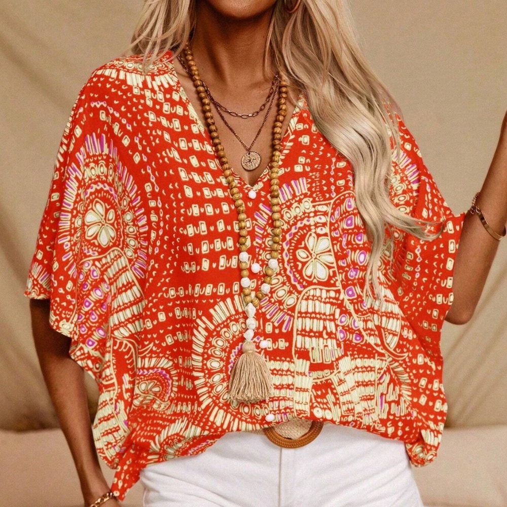 Sprits Color Floral Abstract Boho Batwing Sleeve Loose Fitting Shirt